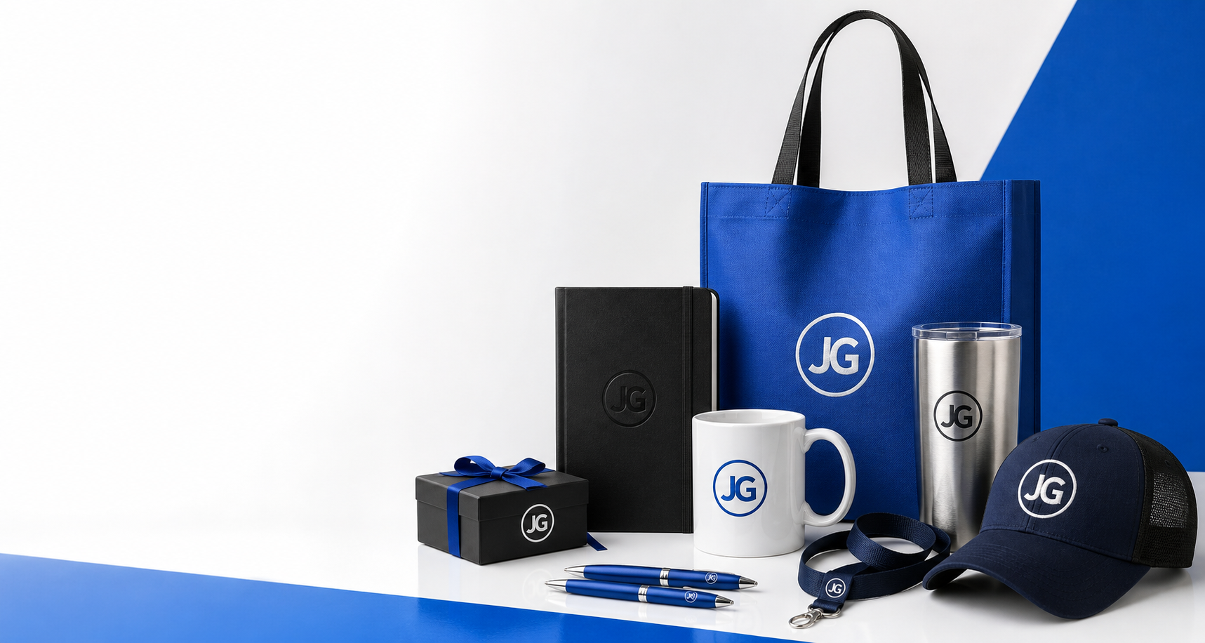 Custom promotional products in blue, black, and white
